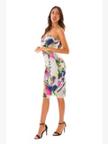 IRIS Strapless Side Ruched Knee Length Floral Dress