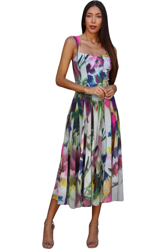 IRIS 822 Sleeveless Tea Length Fit N Flare Paneled Dress