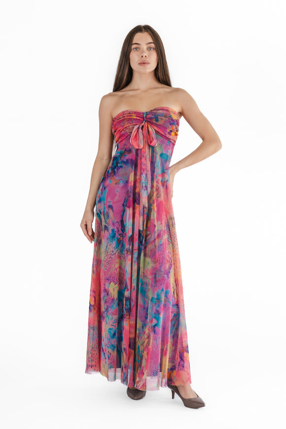 JORDANA 817 Long Strapless Flared Empire Mesh Print Dress