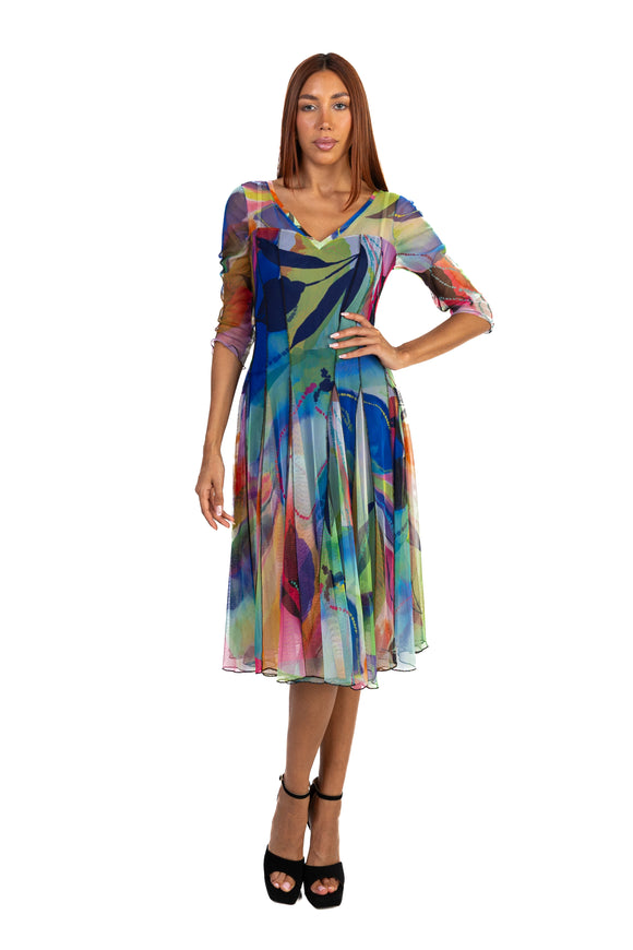 MORGAN Fit and Flare 3/4 Sleeves Paneled Print Dress