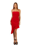 MAXIMA Sheath Fitted Dress with  Side Ruching, and Slanted Ruffled Hemline