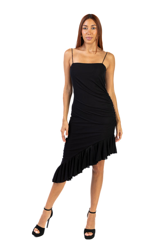 MAXIMA Sheath Fitted Dress with  Side Ruching, and Slanted Ruffled Hemline