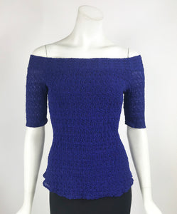 GWYNETH Puckered Off-Shoulder Elbow Length Sleeve Top Cobalt Blue with Black