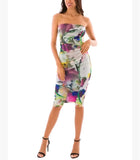 IRIS Strapless Side Ruched Knee Length Floral Dress