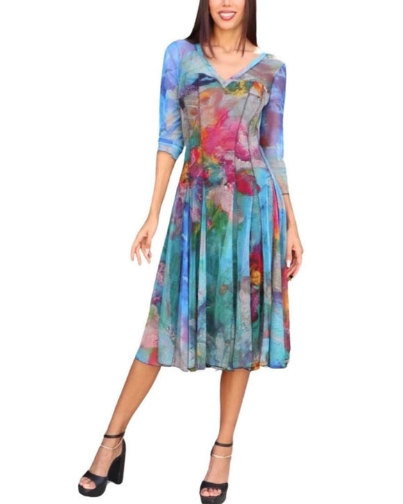 FANTASIA Fit and Flare 3/4 Sleeves Paneled Print Dress .