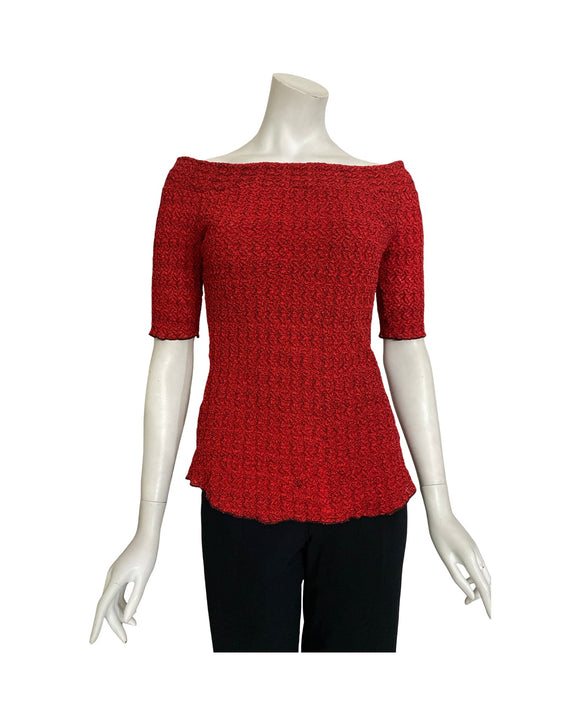 GWYNETH Puckered Off-Shoulder Elbow Length Sleeve Top Red w Black