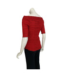 GWYNETH Puckered Off-Shoulder Elbow Length Sleeve Top Red w Black