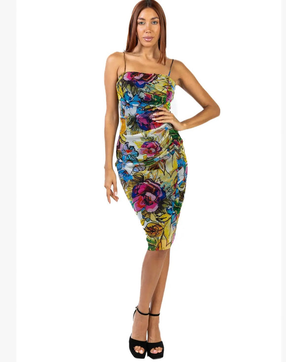 JADE Ruched Knee Length Print Dress with Spaghetti straps