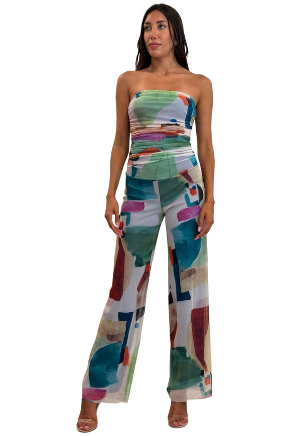 Kaleidoscope Strapless Print Jumpsuit with Ruched Bodice