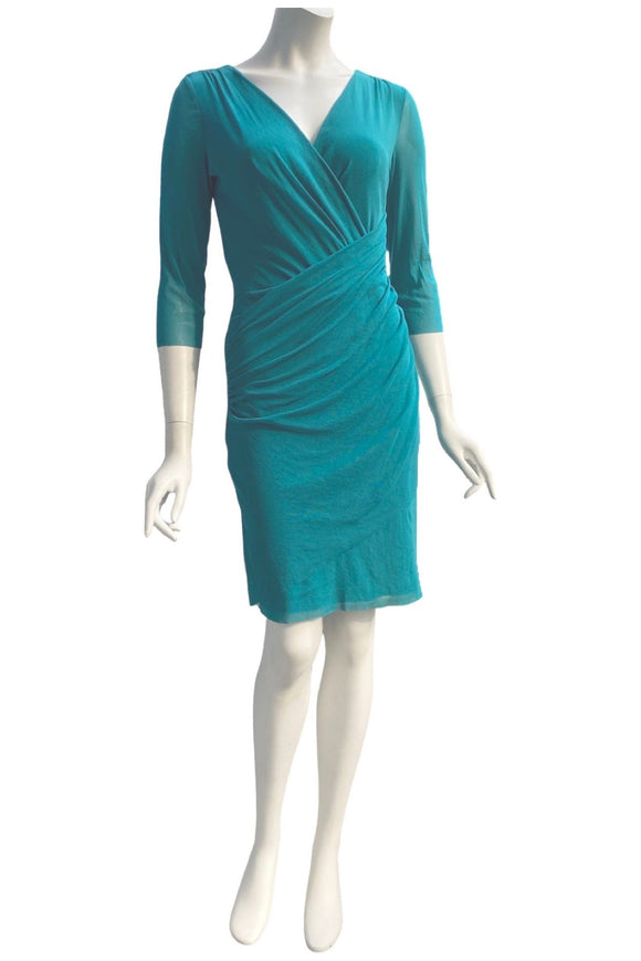 MAXIMA Crossover Multicolored Knee Length Ruched Dress in Aqua