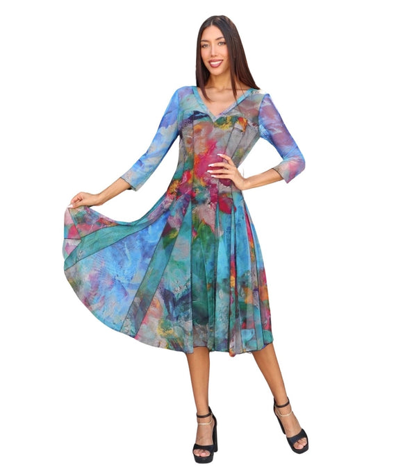 FANTASIA Fit and Flare 3/4 Sleeves Paneled Print Dress .