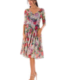 PRIMAVERA Fit and Flare 3/4 Sleeves Paneled Floral Print Dress