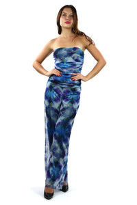 MALI Strapless Print Jumpsuit with Ruched Bodice